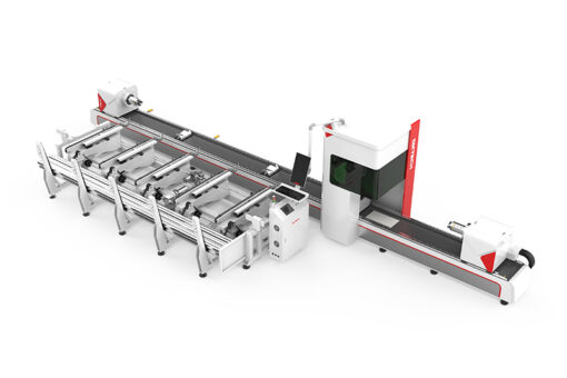 Mașină de tăiat tuburi metalice cu trei mandrine din seria TM, cu alimentare automată